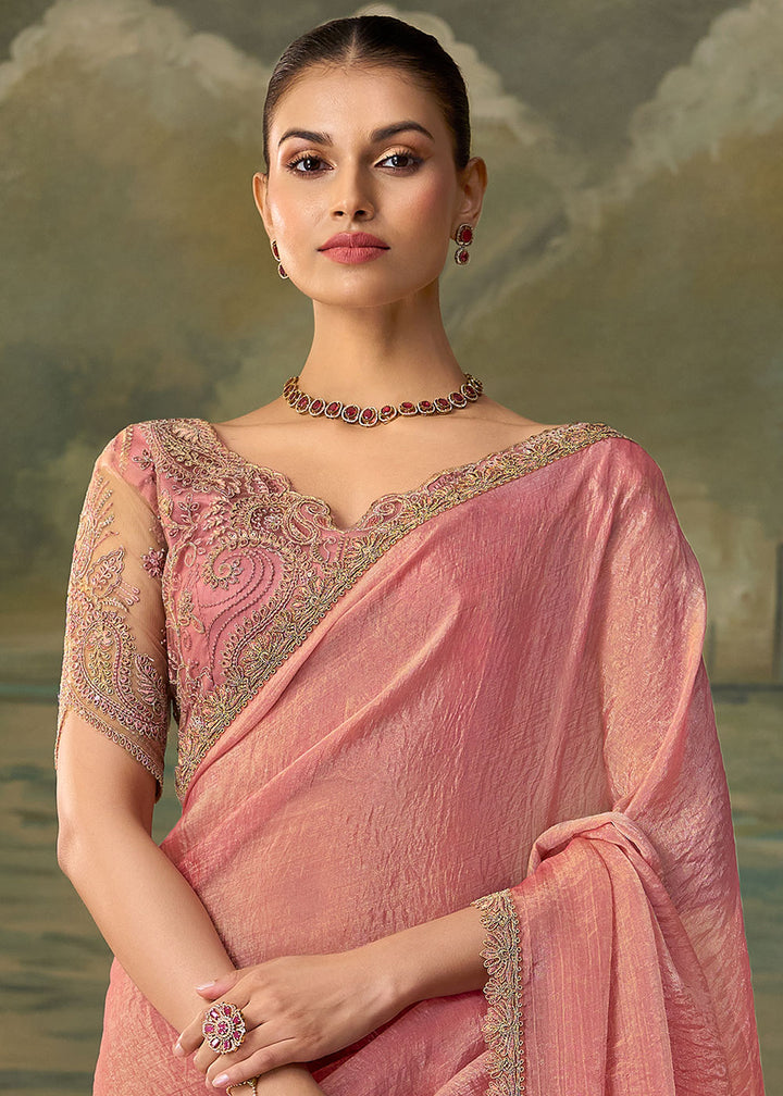 Baby Pink Tissue Saree with Shimmer-Embroidered Tussar Silk Blouse