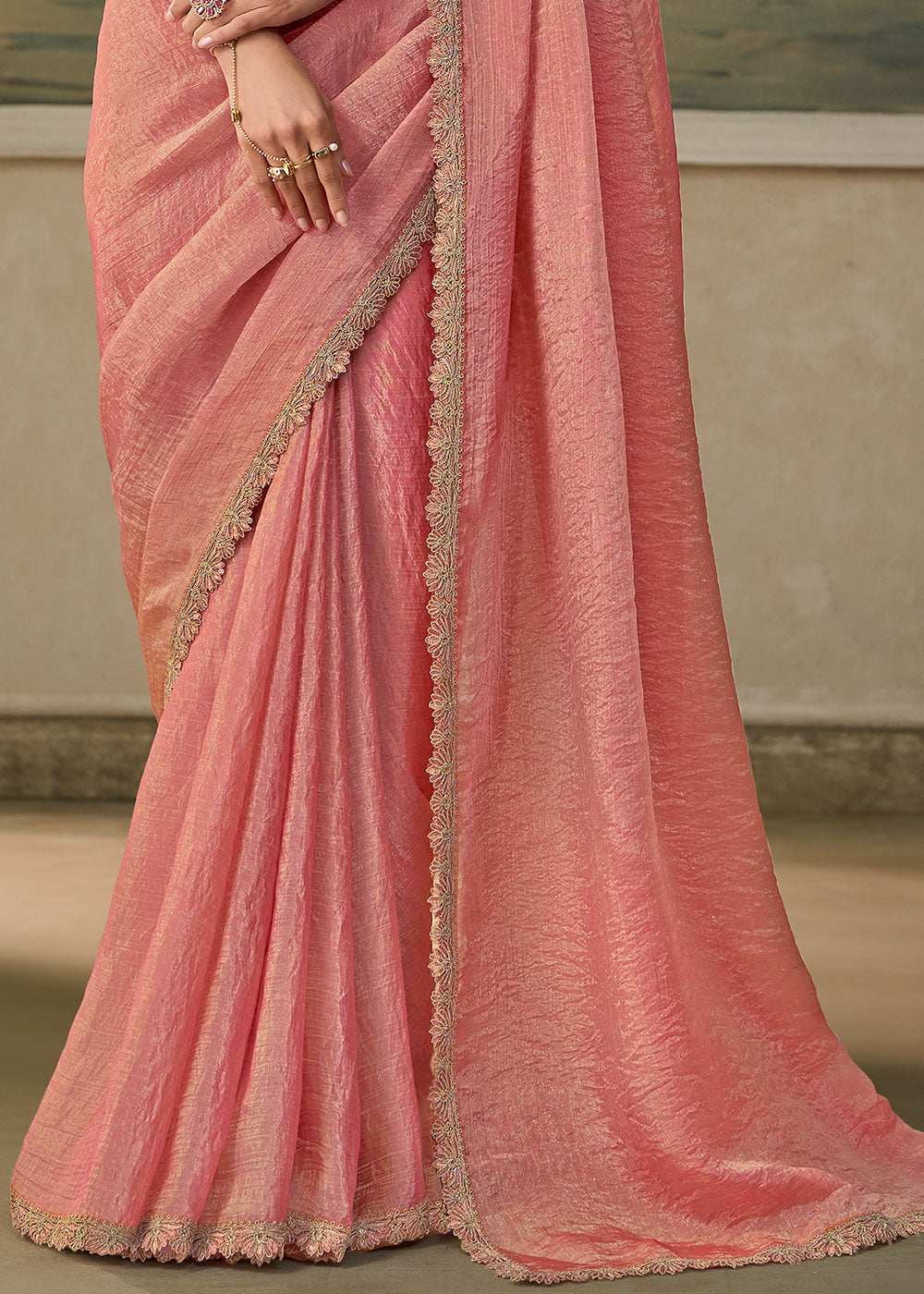Baby Pink Tissue Saree with Shimmer-Embroidered Tussar Silk Blouse