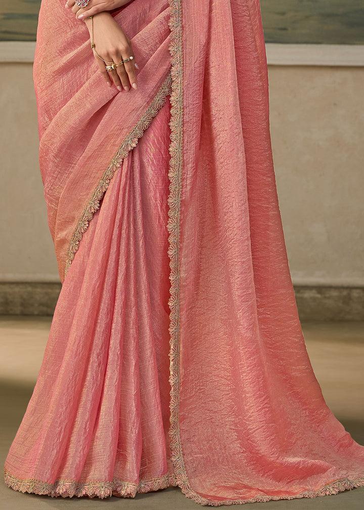 Baby Pink Tissue Saree with Shimmer-Embroidered Tussar Silk Blouse