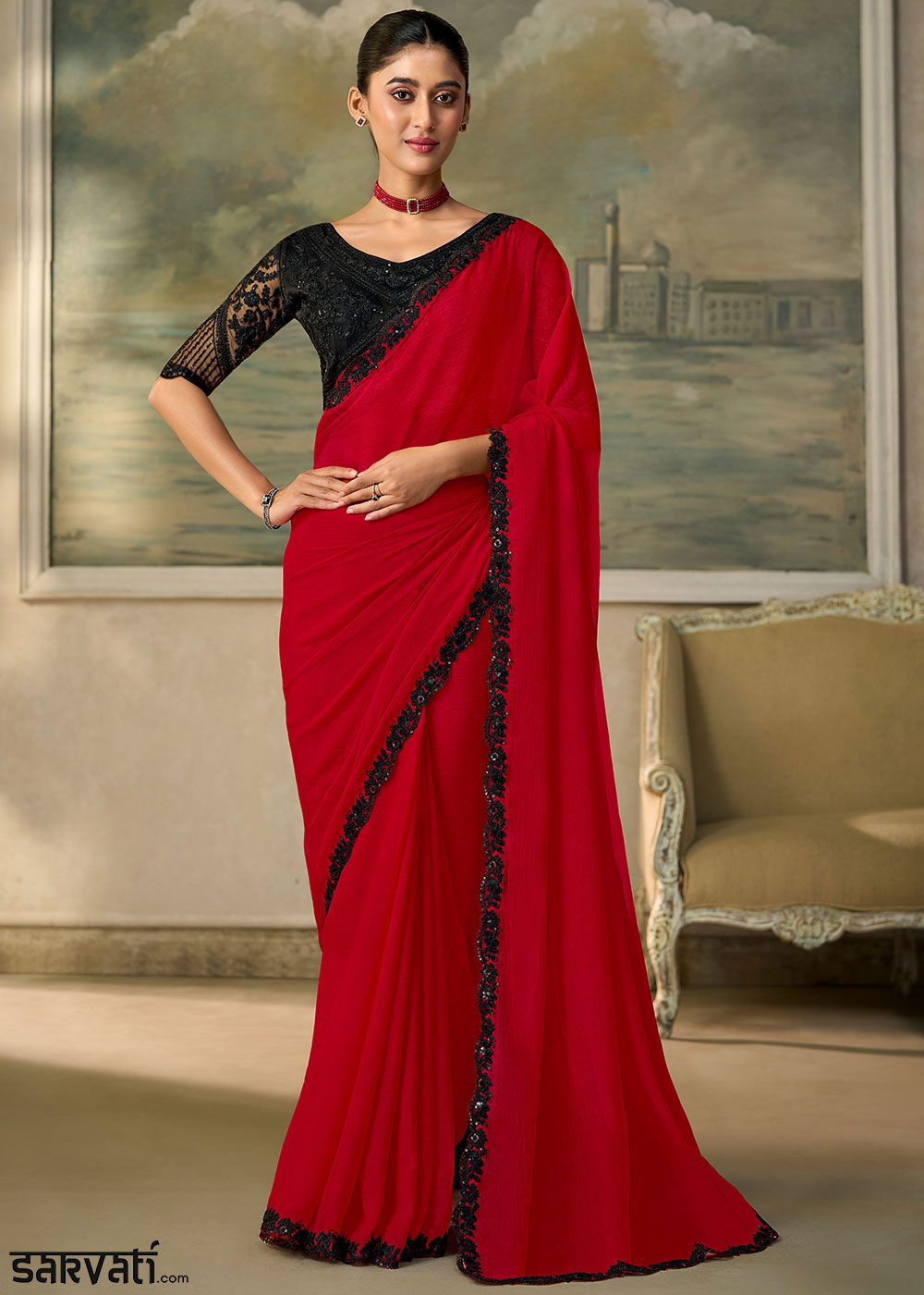 Venetian Red Chiffon Saree with Shimmer-Embroidered Tussar Silk Blouse