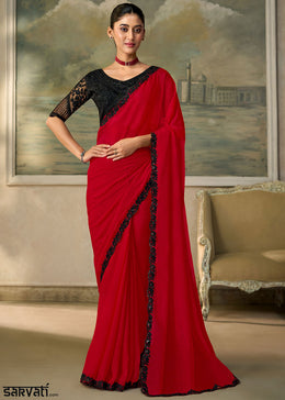 Venetian Red Chiffon Saree with Shimmer-Embroidered Tussar Silk Blouse