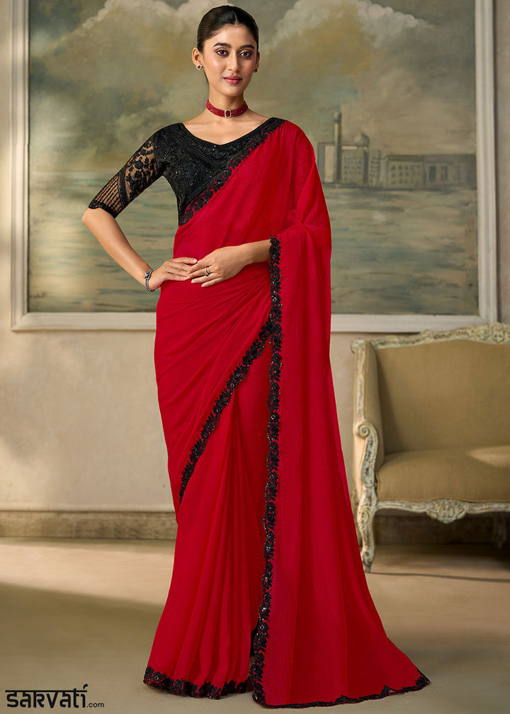 Venetian Red Chiffon Saree with Shimmer-Embroidered Tussar Silk Blouse