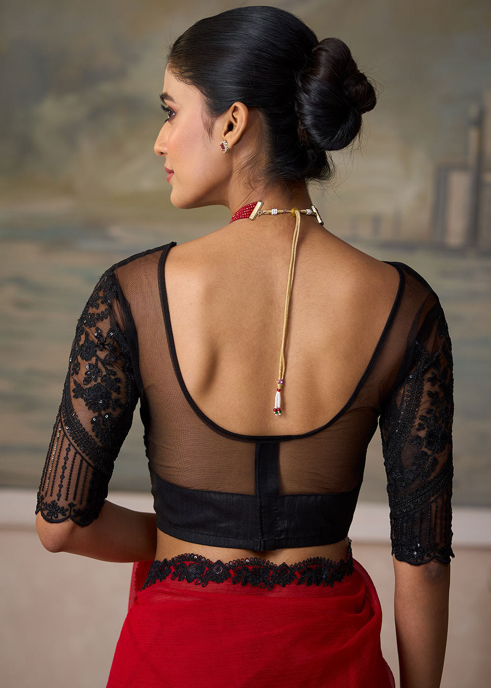 Venetian Red Chiffon Saree with Shimmer-Embroidered Tussar Silk Blouse