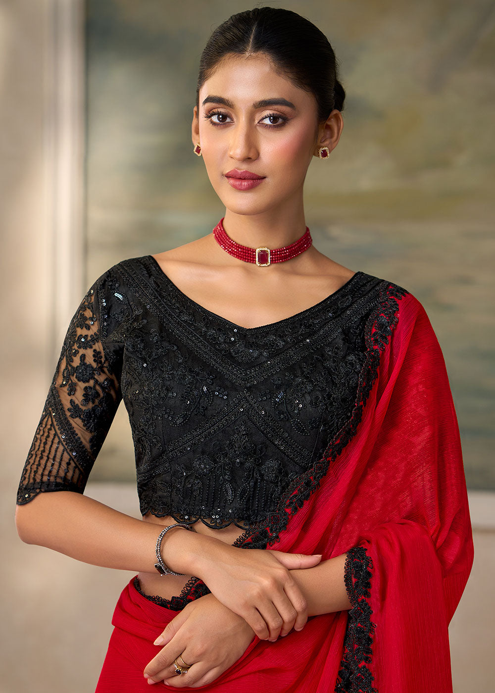 Venetian Red Chiffon Saree with Shimmer-Embroidered Tussar Silk Blouse