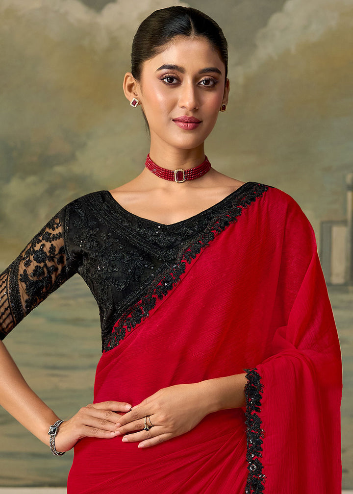 Venetian Red Chiffon Saree with Shimmer-Embroidered Tussar Silk Blouse