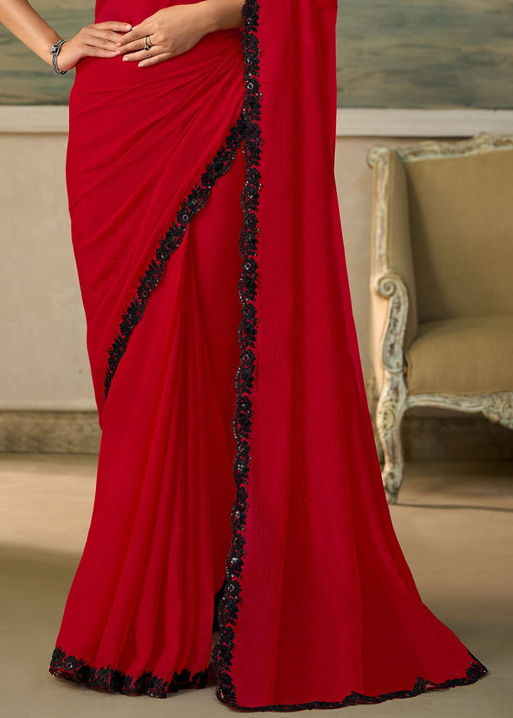 Venetian Red Chiffon Saree with Shimmer-Embroidered Tussar Silk Blouse