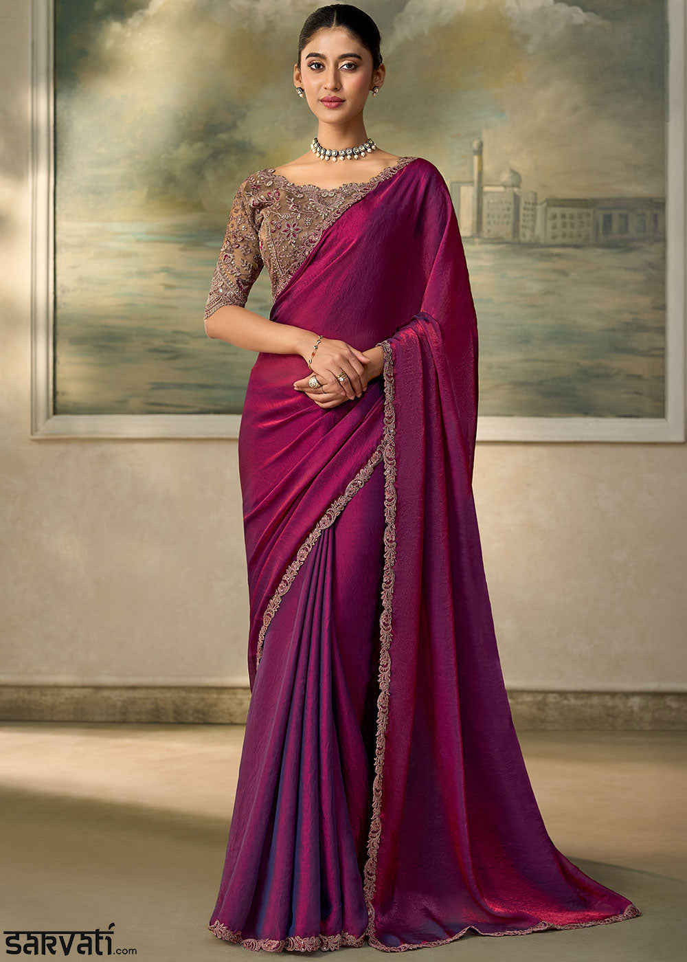 Pansy Purple Georgette Silk Saree with Shimmer-Embroidered Tussar Silk Blouse
