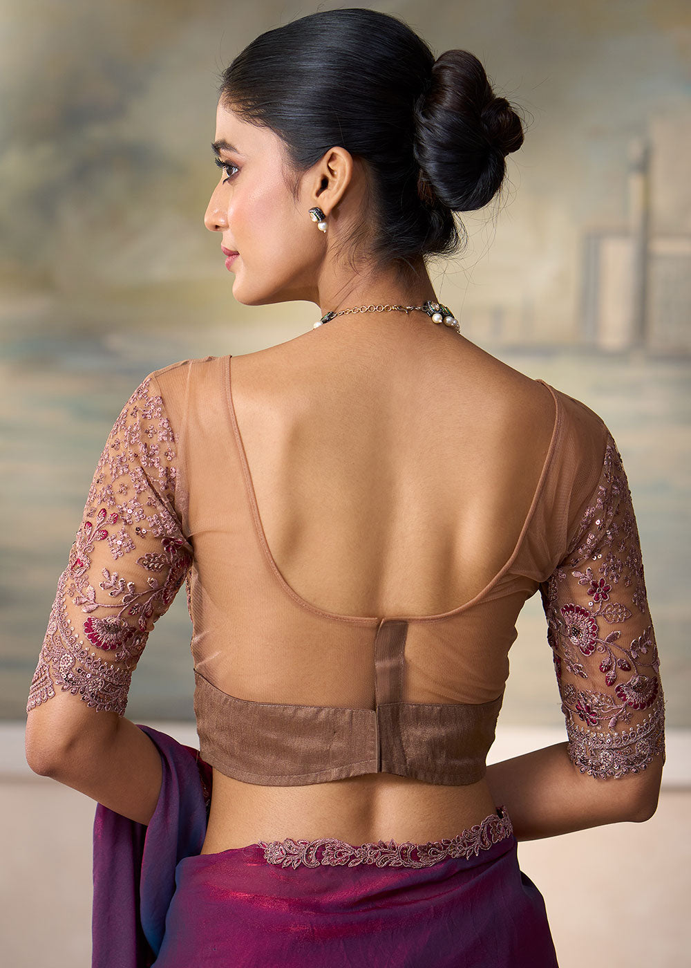 Pansy Purple Georgette Silk Saree with Shimmer-Embroidered Tussar Silk Blouse