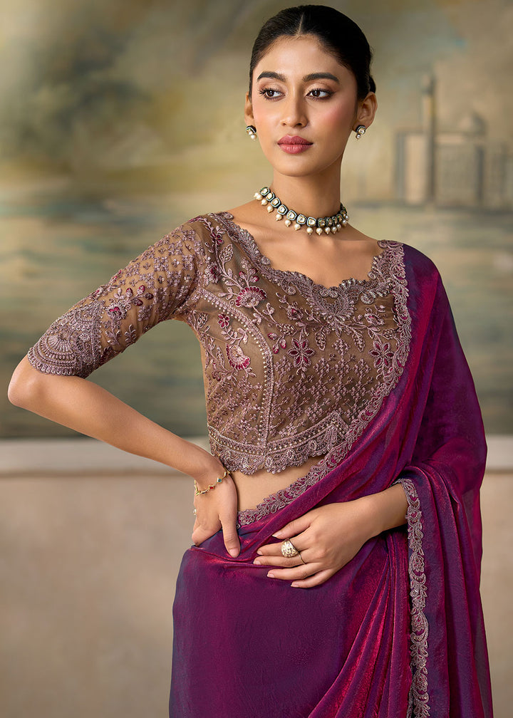 Pansy Purple Georgette Silk Saree with Shimmer-Embroidered Tussar Silk Blouse