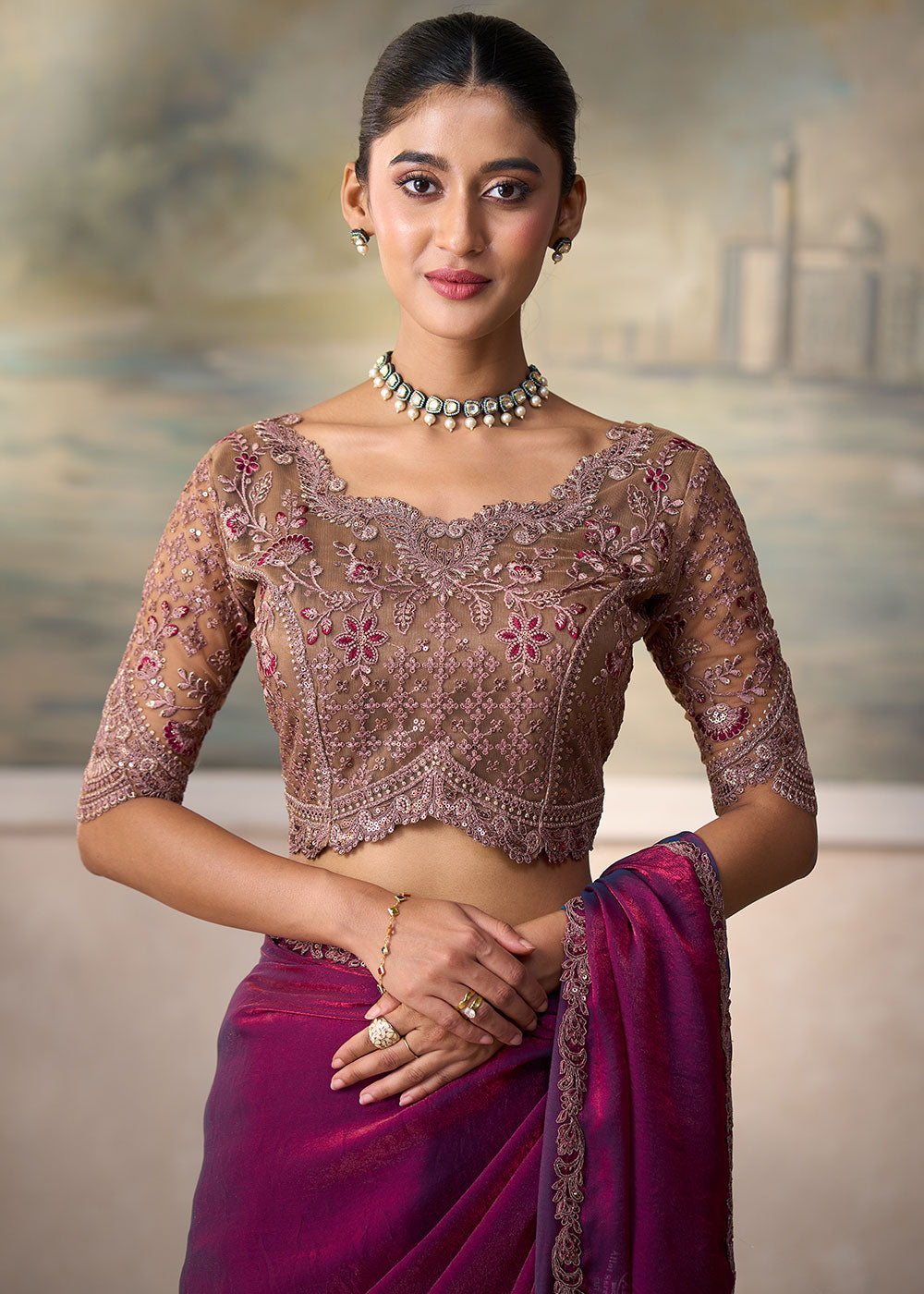 Pansy Purple Georgette Silk Saree with Shimmer-Embroidered Tussar Silk Blouse