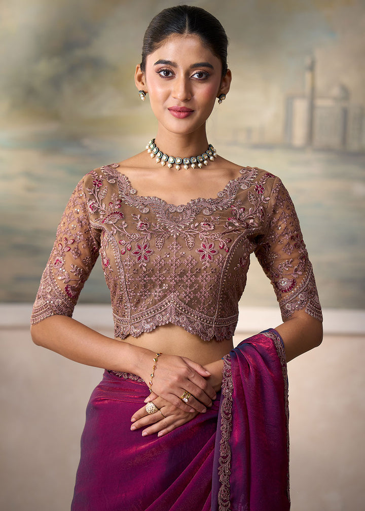 Pansy Purple Georgette Silk Saree with Shimmer-Embroidered Tussar Silk Blouse