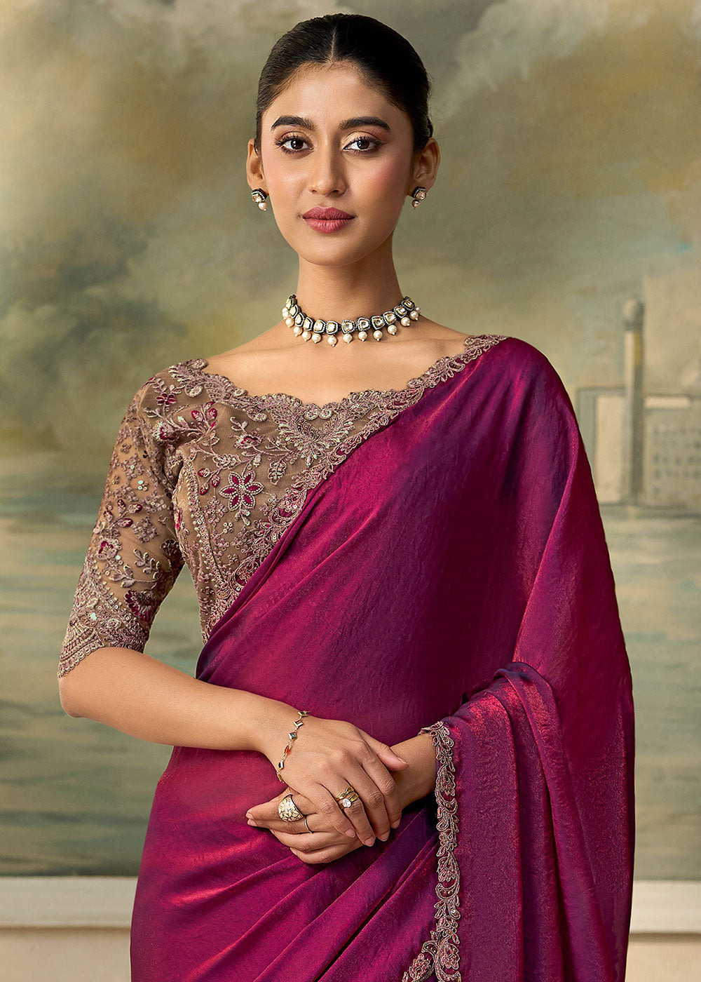 Pansy Purple Georgette Silk Saree with Shimmer-Embroidered Tussar Silk Blouse
