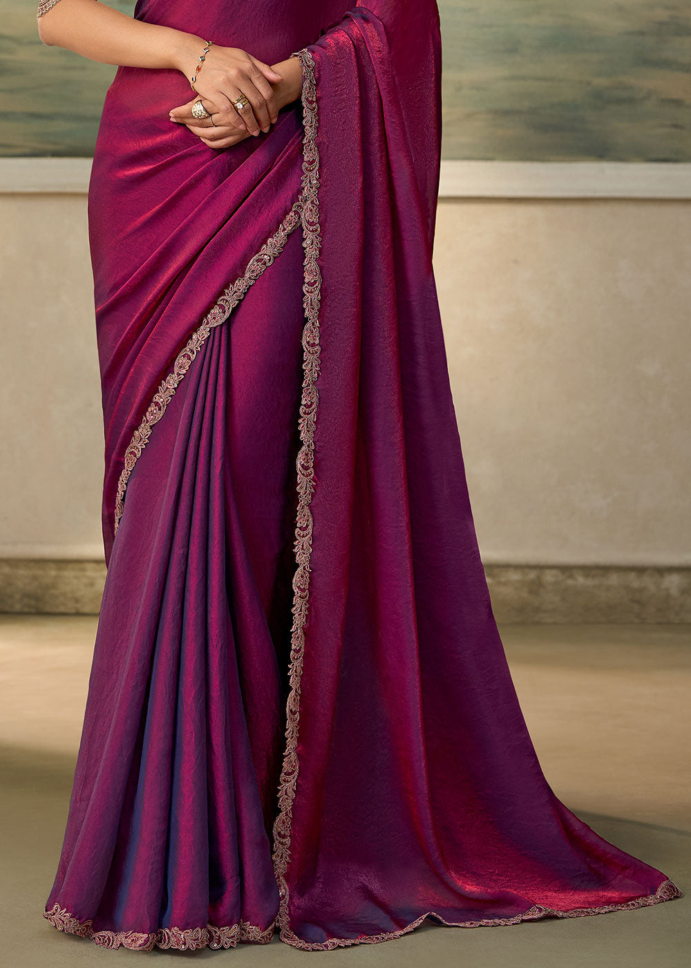Pansy Purple Georgette Silk Saree with Shimmer-Embroidered Tussar Silk Blouse
