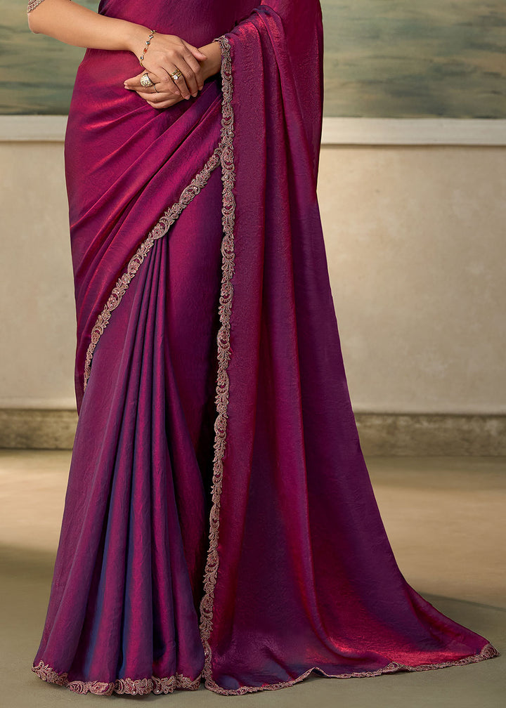Pansy Purple Georgette Silk Saree with Shimmer-Embroidered Tussar Silk Blouse