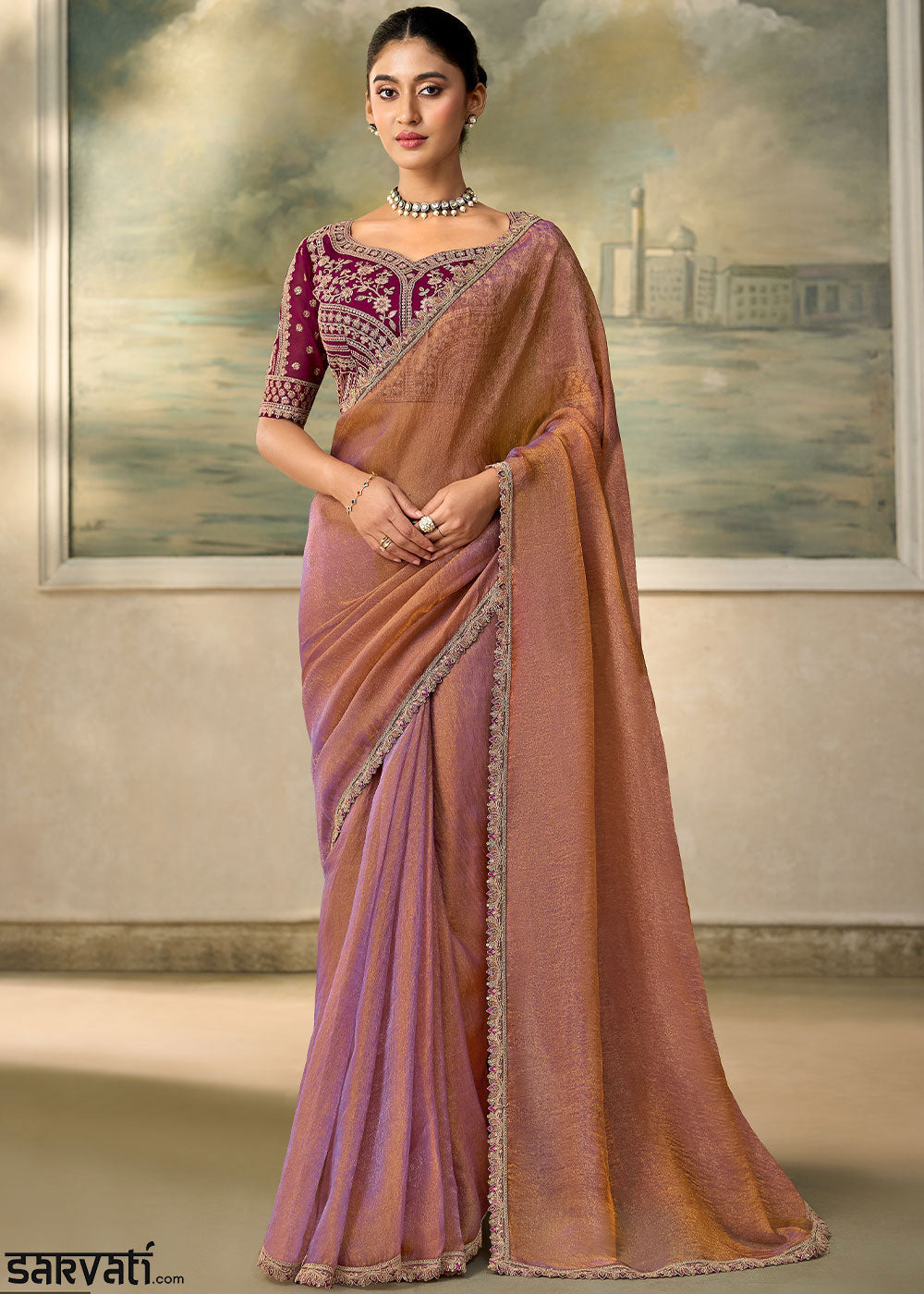 Salmon Pink Georgette Saree with Fine Sequin Thread Embroidered Georgette Blouse