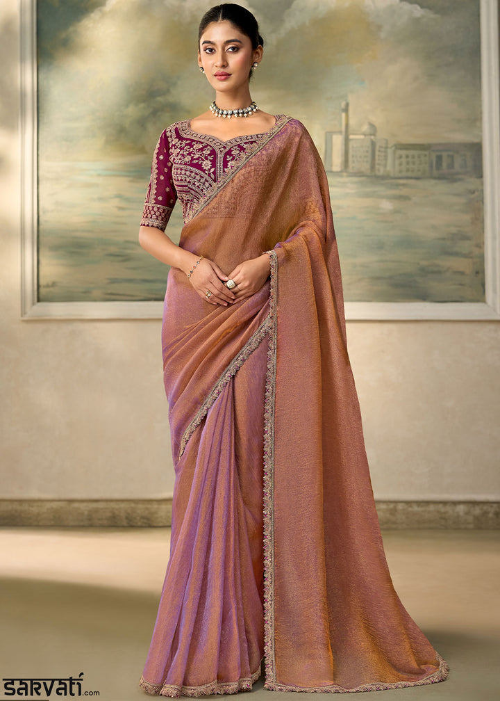 Salmon Pink Georgette Saree with Fine Sequin Thread Embroidered Georgette Blouse