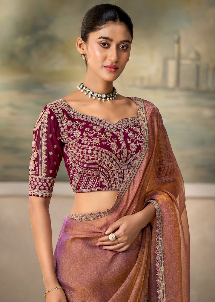 Salmon Pink Georgette Saree with Fine Sequin Thread Embroidered Georgette Blouse