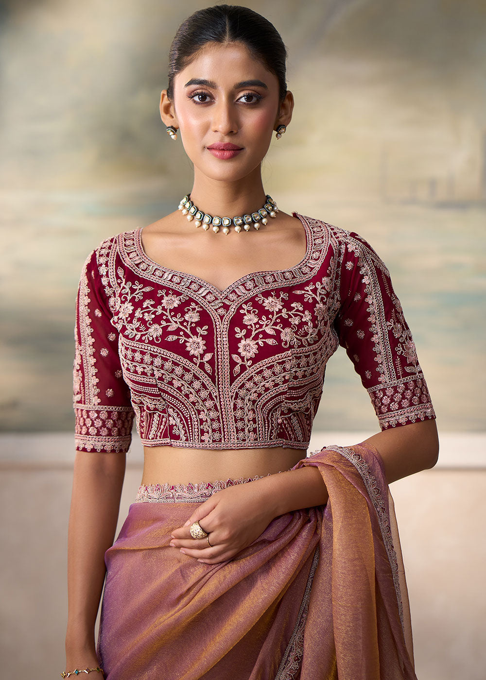 Salmon Pink Georgette Saree with Fine Sequin Thread Embroidered Georgette Blouse