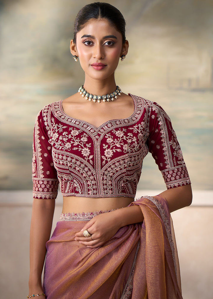 Salmon Pink Georgette Saree with Fine Sequin Thread Embroidered Georgette Blouse