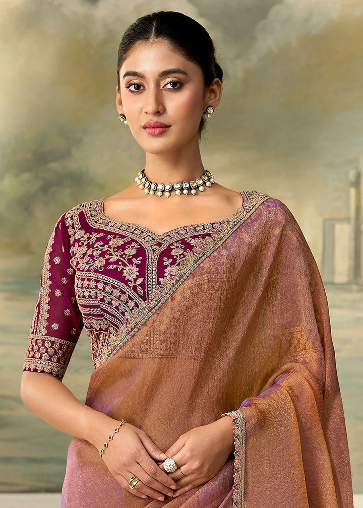 Salmon Pink Georgette Saree with Fine Sequin Thread Embroidered Georgette Blouse
