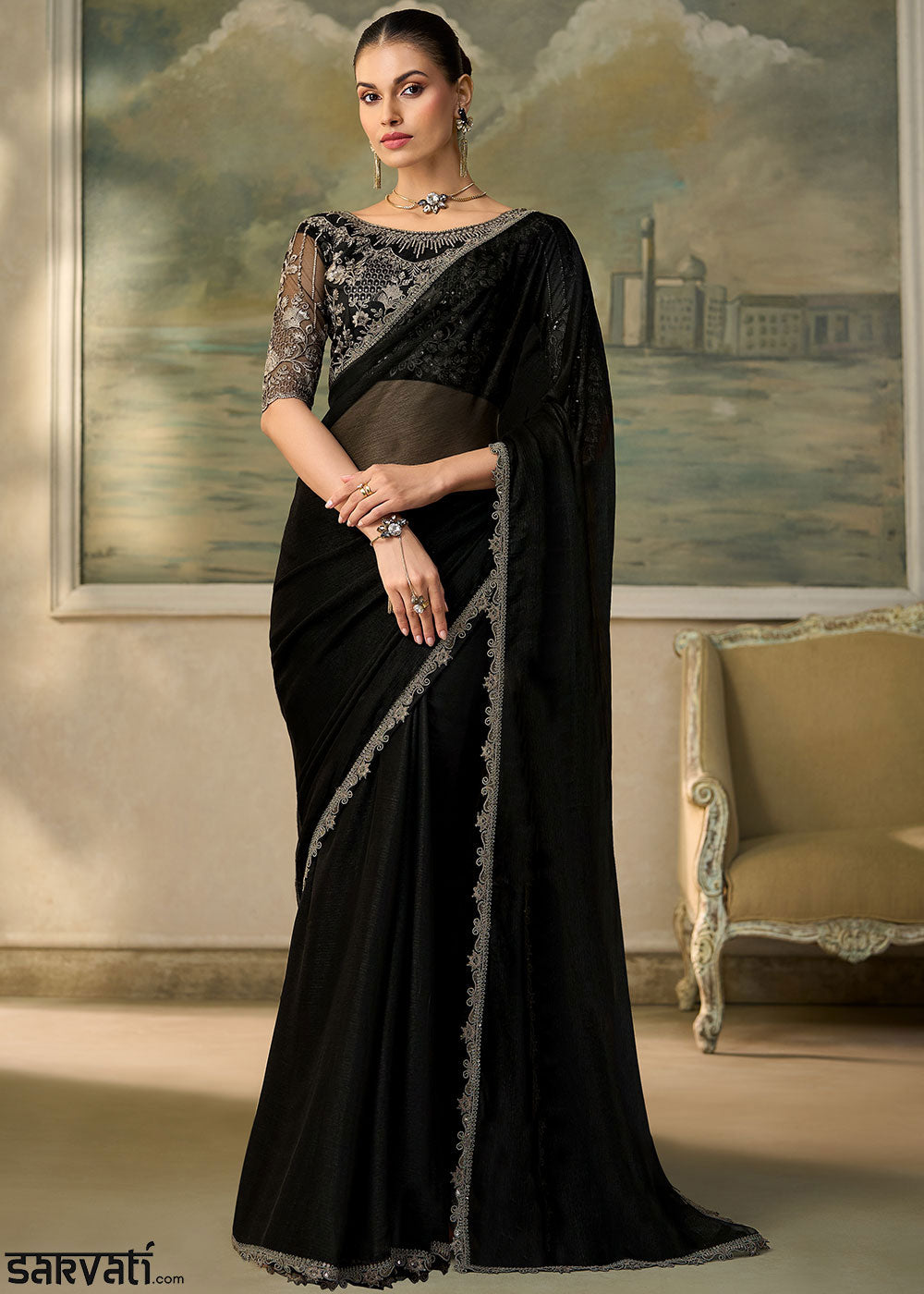 Jet Black Chiffon Saree with Fine Sequin Thread Embroidered Georgette Blouse