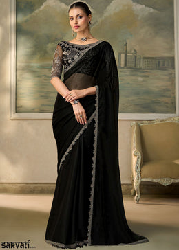 Jet Black Chiffon Saree with Fine Sequin Thread Embroidered Georgette Blouse