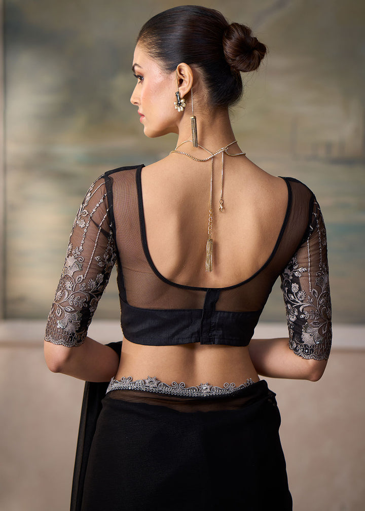 Jet Black Chiffon Saree with Fine Sequin Thread Embroidered Georgette Blouse