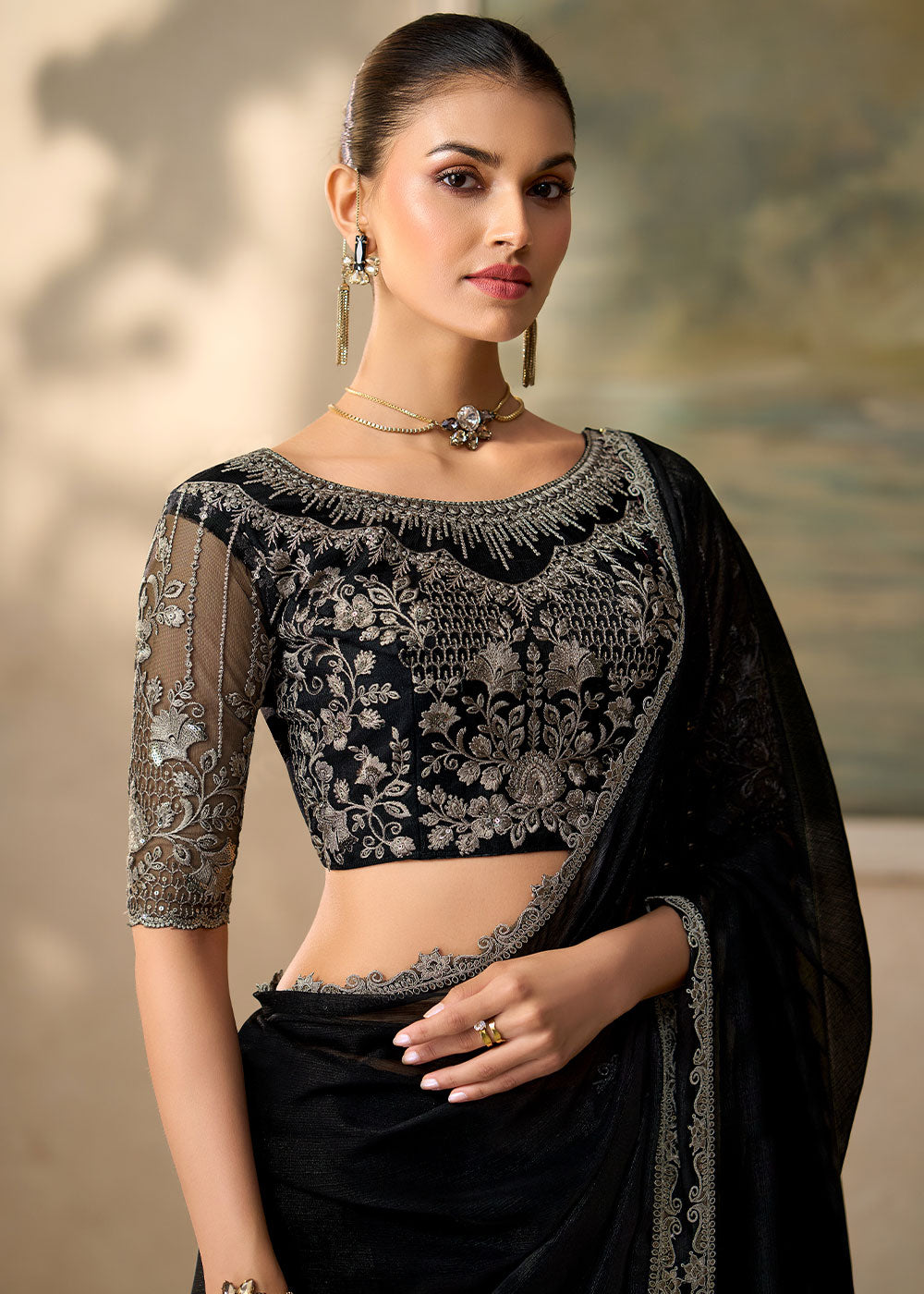 Jet Black Chiffon Saree with Fine Sequin Thread Embroidered Georgette Blouse