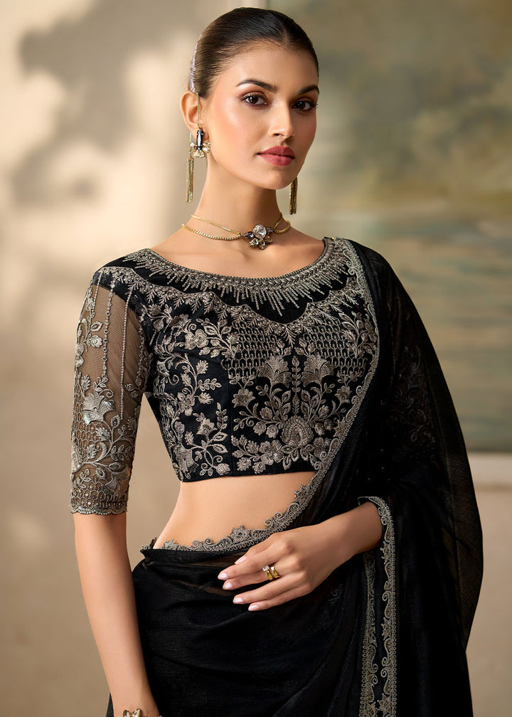Jet Black Chiffon Saree with Fine Sequin Thread Embroidered Georgette Blouse