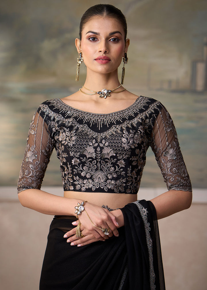 Jet Black Chiffon Saree with Fine Sequin Thread Embroidered Georgette Blouse