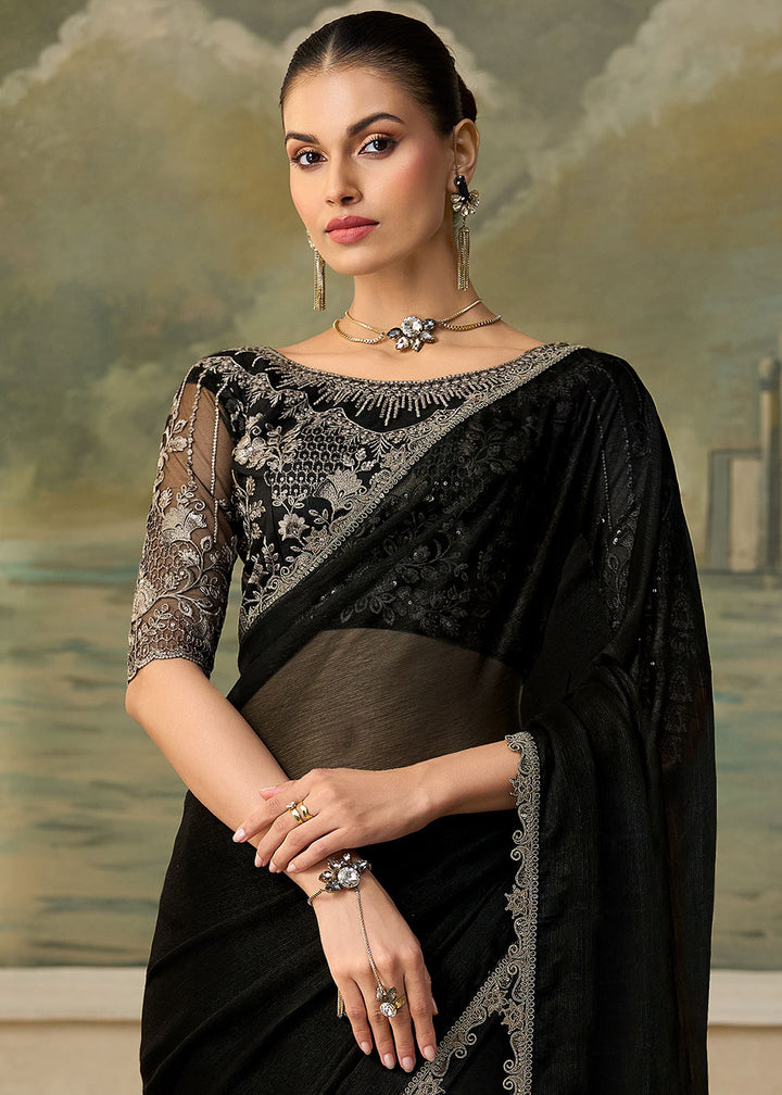 Jet Black Chiffon Saree with Fine Sequin Thread Embroidered Georgette Blouse