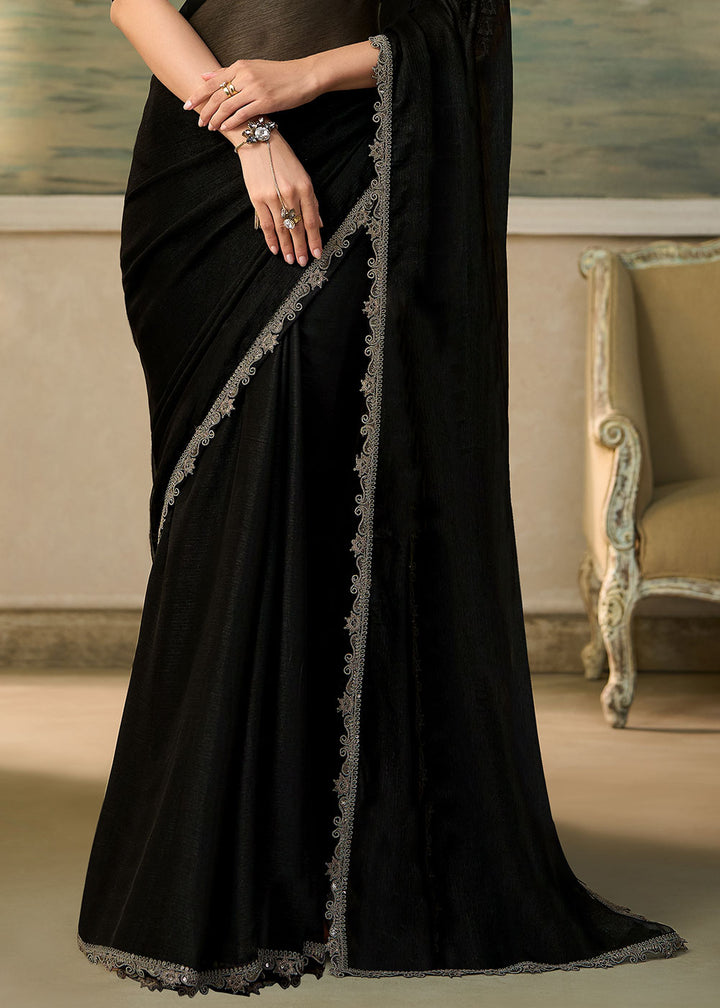Jet Black Chiffon Saree with Fine Sequin Thread Embroidered Georgette Blouse