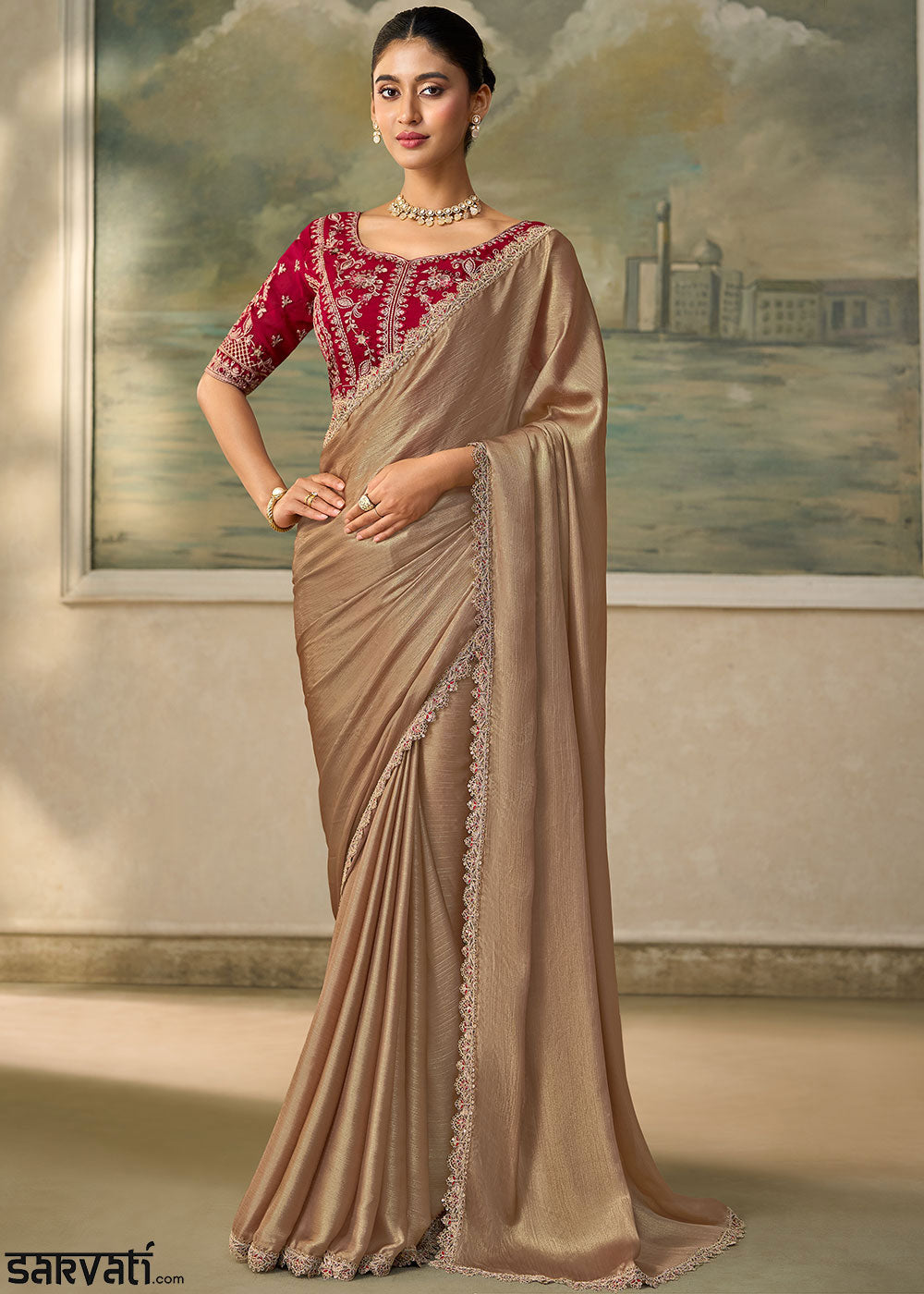 Beige Brown Chiffon Saree with Fine Sequin Thread Embroidered Georgette Blouse