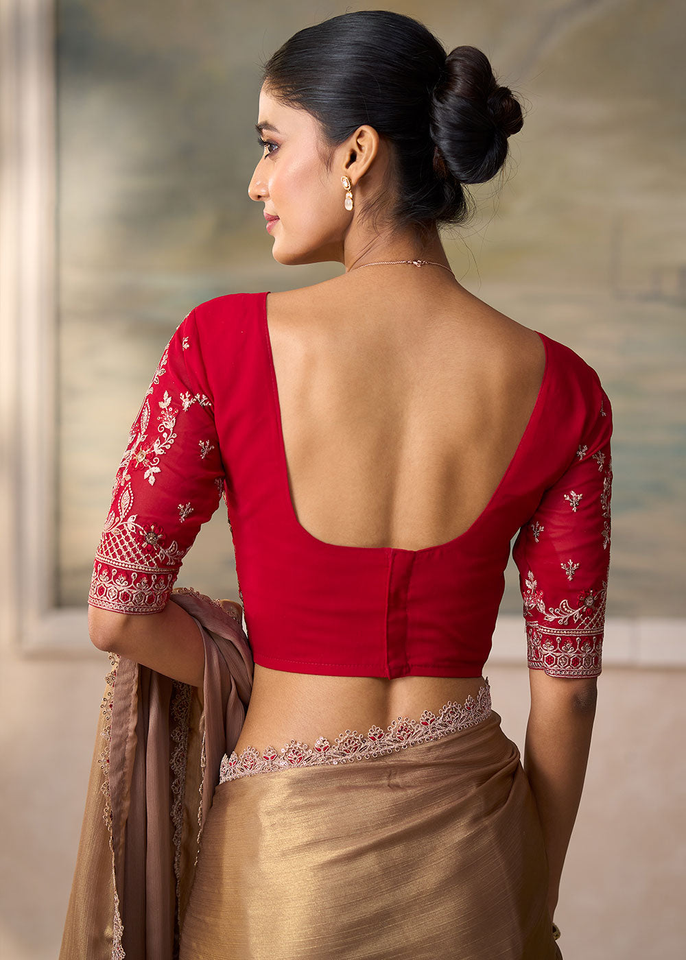 Beige Brown Chiffon Saree with Fine Sequin Thread Embroidered Georgette Blouse