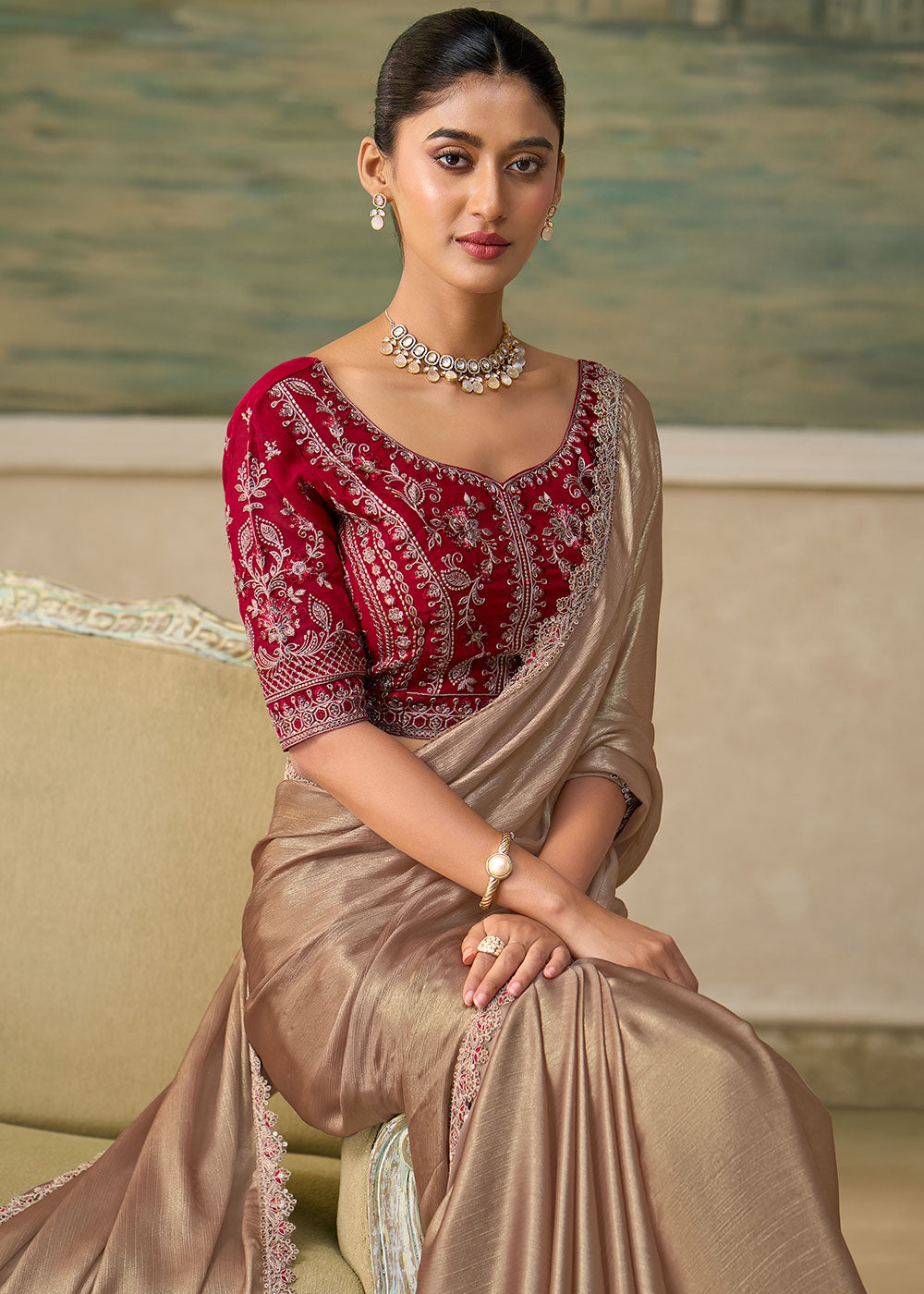 Beige Brown Chiffon Saree with Fine Sequin Thread Embroidered Georgette Blouse