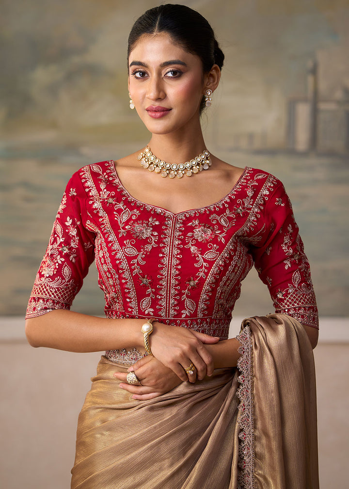 Beige Brown Chiffon Saree with Fine Sequin Thread Embroidered Georgette Blouse