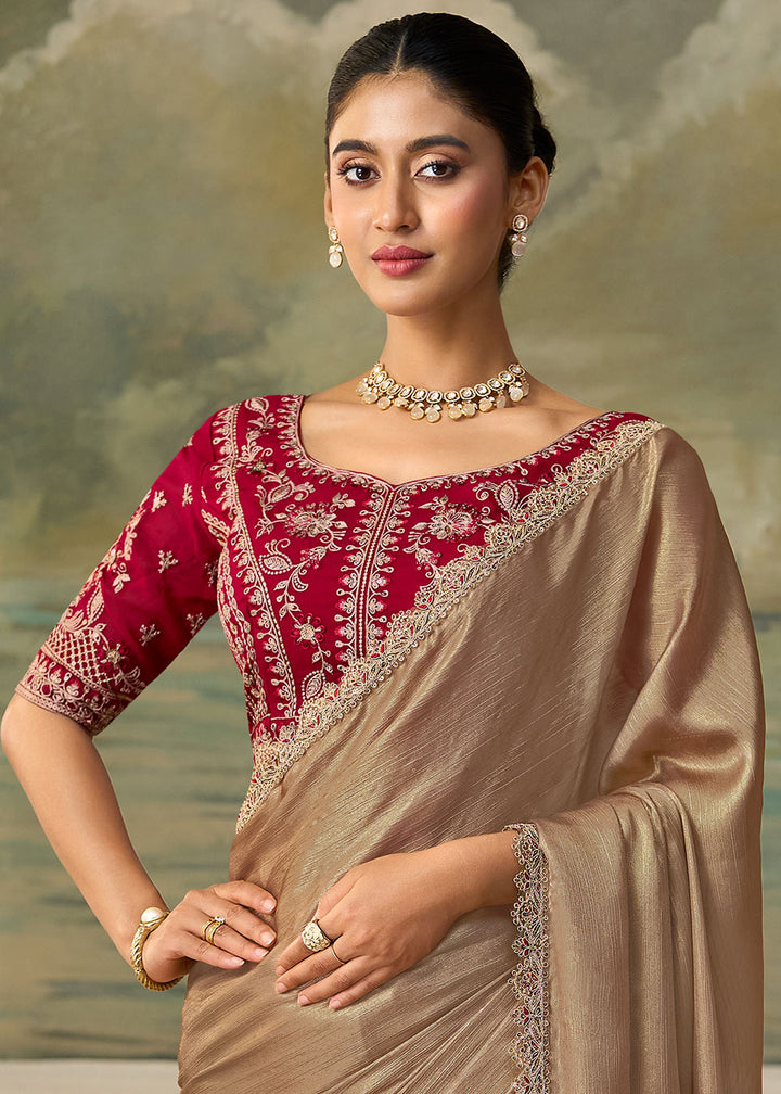 Beige Brown Chiffon Saree with Fine Sequin Thread Embroidered Georgette Blouse
