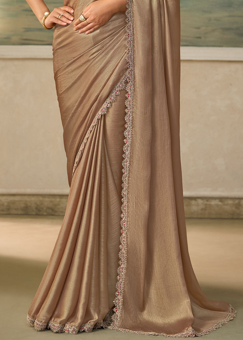 Beige Brown Chiffon Saree with Fine Sequin Thread Embroidered Georgette Blouse