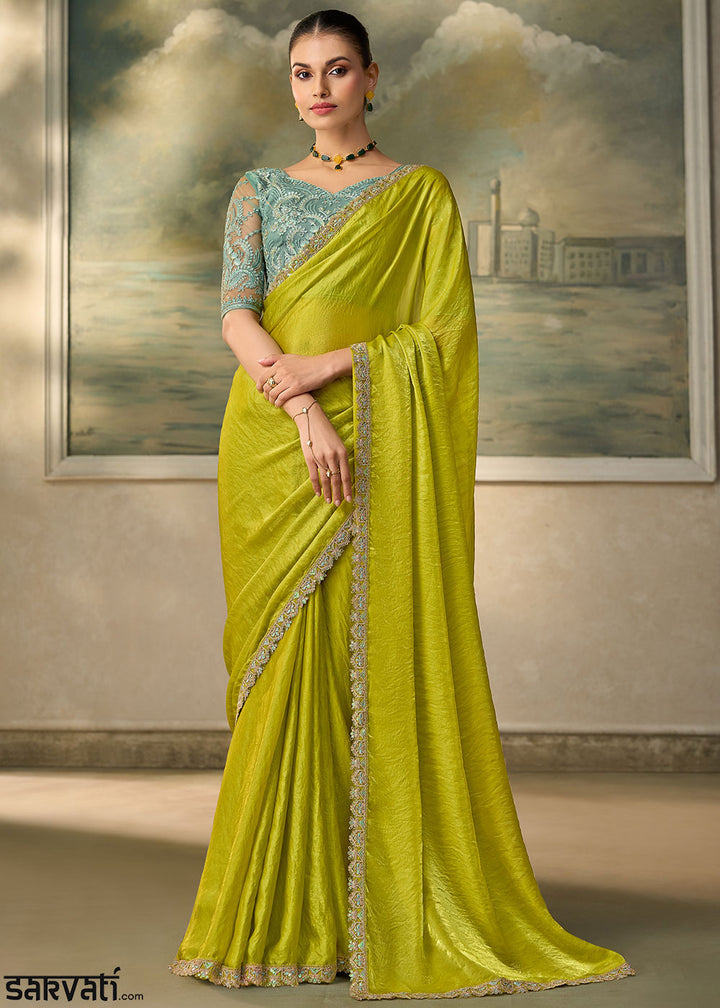 Parrot Green Satin Saree with Shimmer-Embroidered Tussar Silk Blouse