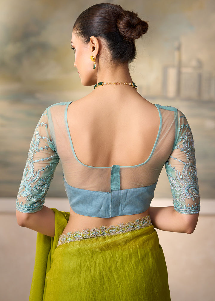 Parrot Green Satin Saree with Shimmer-Embroidered Tussar Silk Blouse