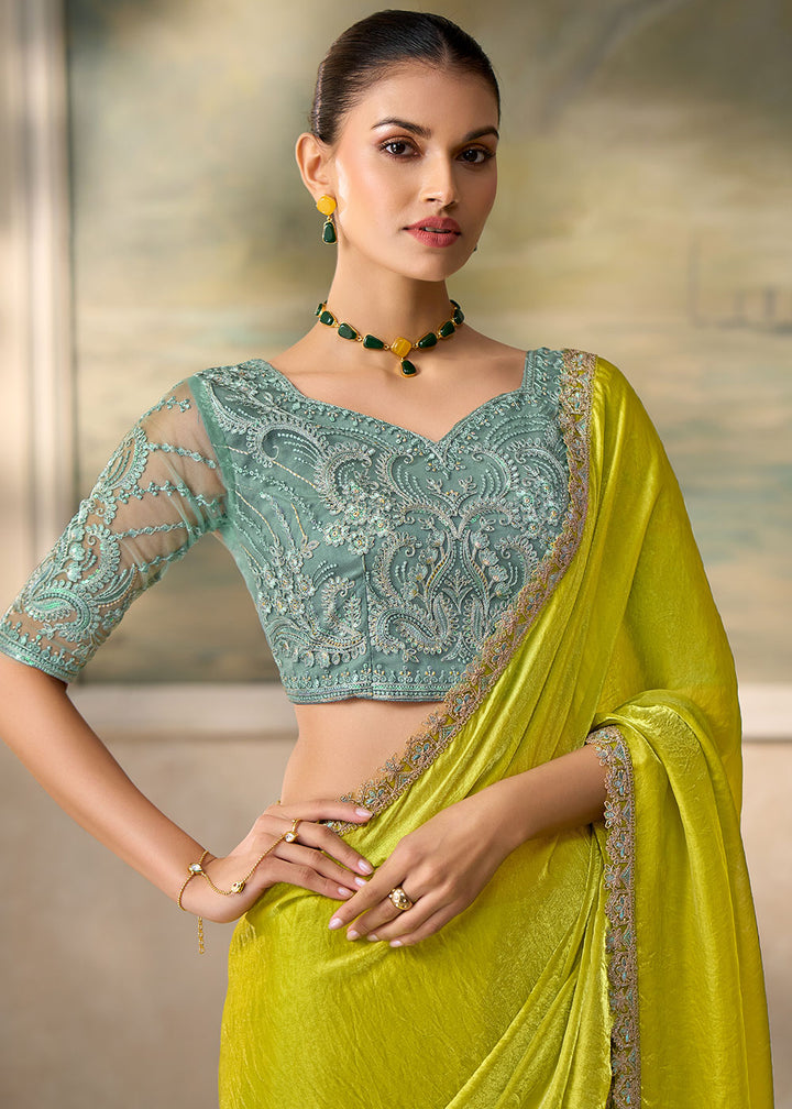 Parrot Green Satin Saree with Shimmer-Embroidered Tussar Silk Blouse