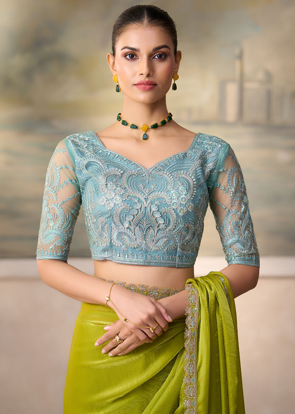 Parrot Green Satin Saree with Shimmer-Embroidered Tussar Silk Blouse