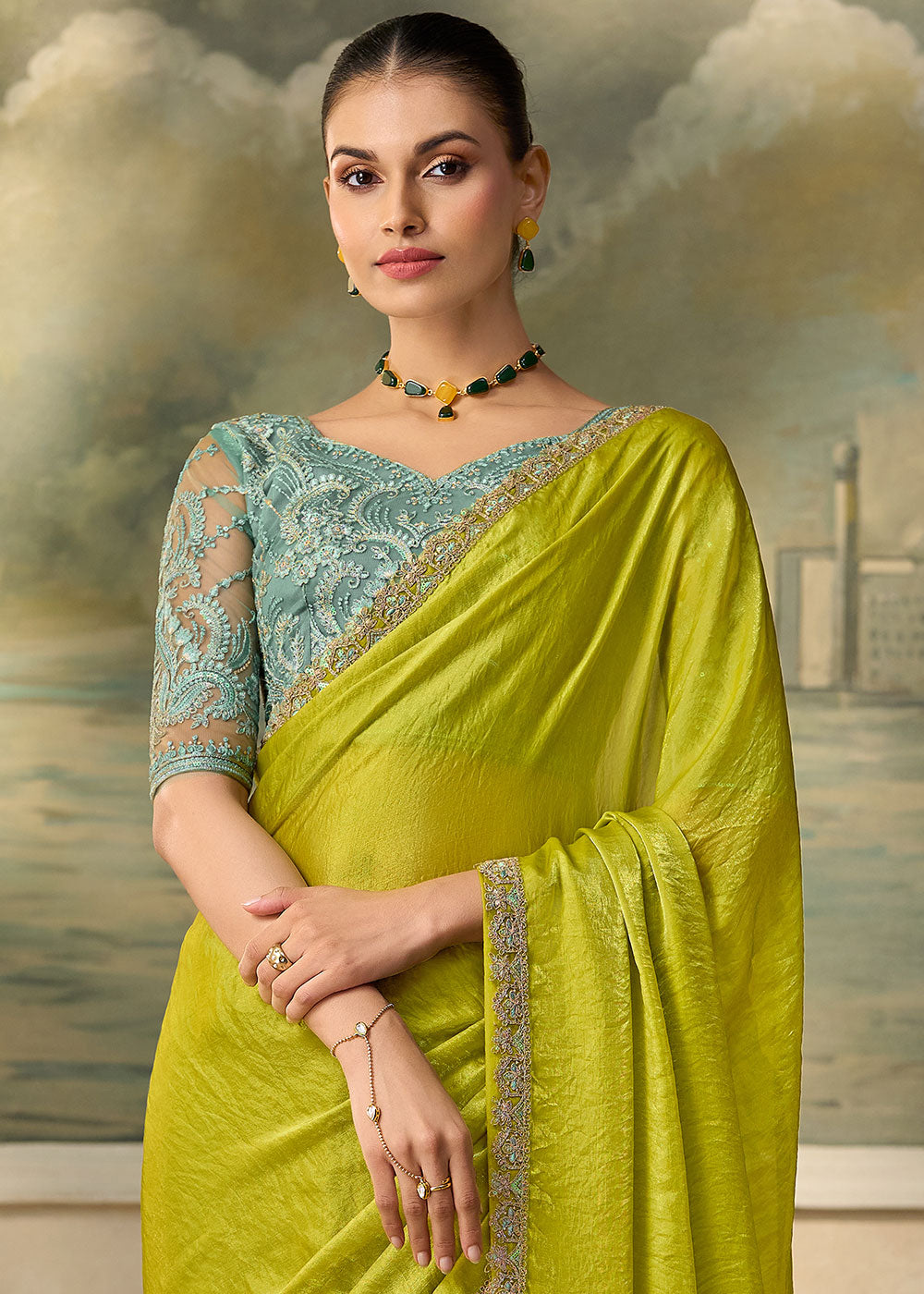 Parrot Green Satin Saree with Shimmer-Embroidered Tussar Silk Blouse