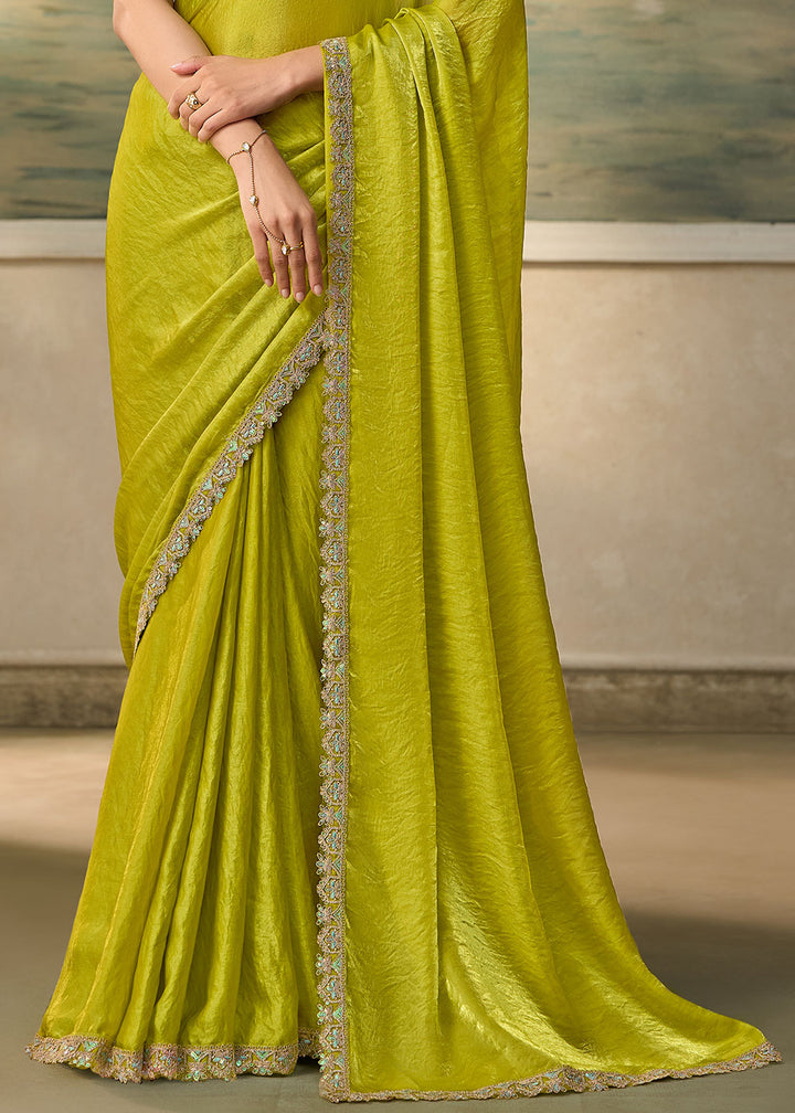 Parrot Green Satin Saree with Shimmer-Embroidered Tussar Silk Blouse