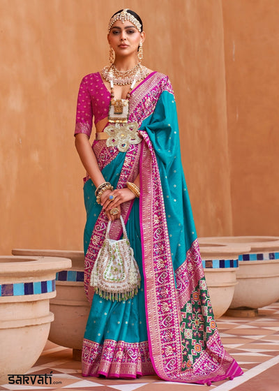 Cerulean Blue Silk Saree with Patola Print