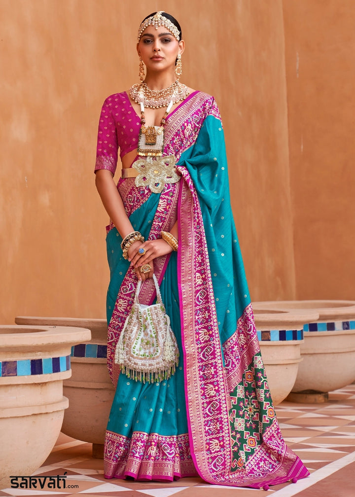 Cerulean Blue Silk Saree with Patola Print