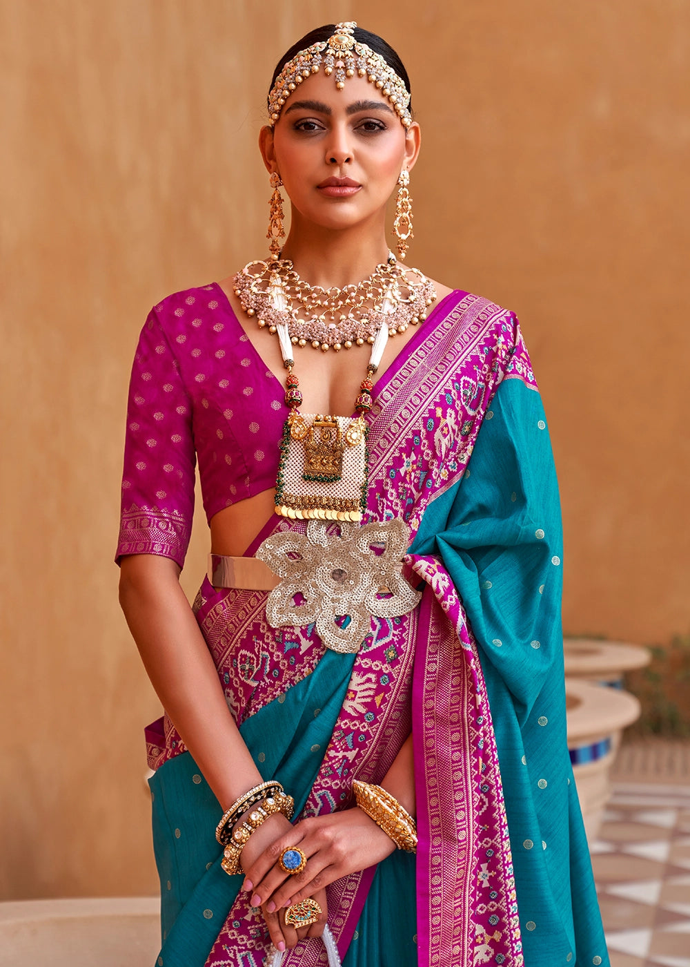 Cerulean Blue Silk Saree with Patola Print