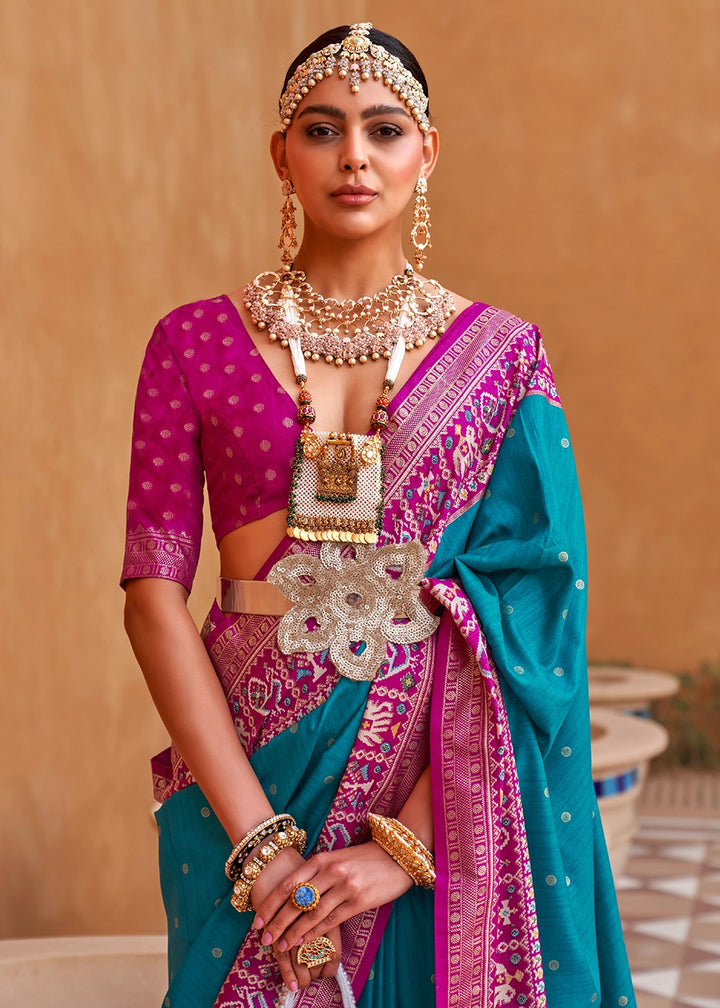 Cerulean Blue Silk Saree with Patola Print