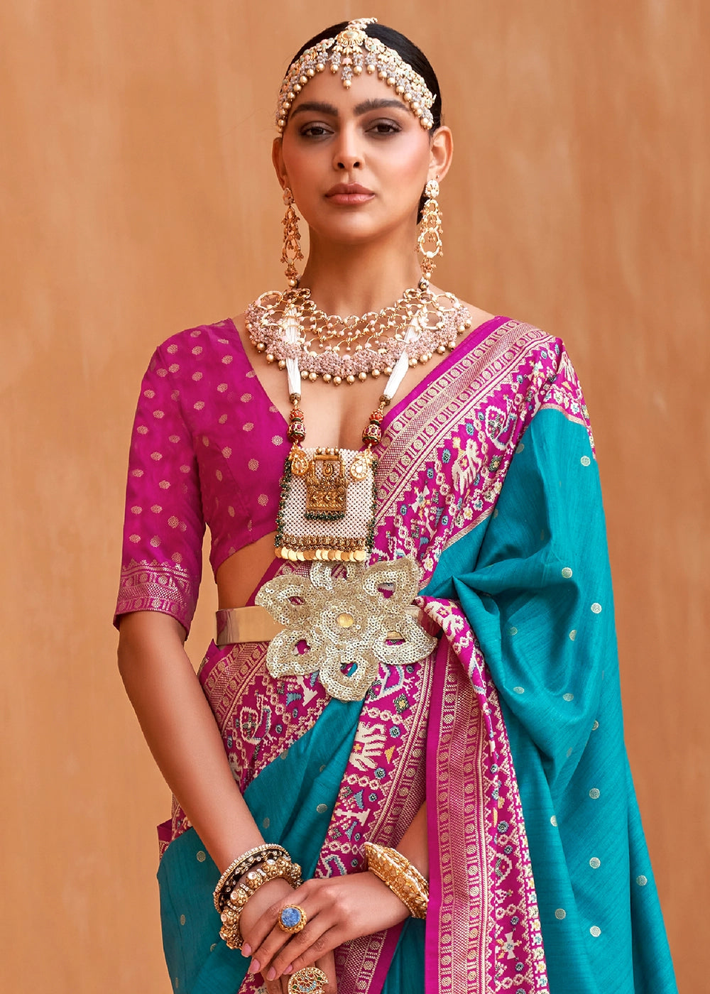 Cerulean Blue Silk Saree with Patola Print