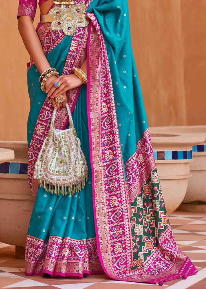 Cerulean Blue Silk Saree with Patola Print